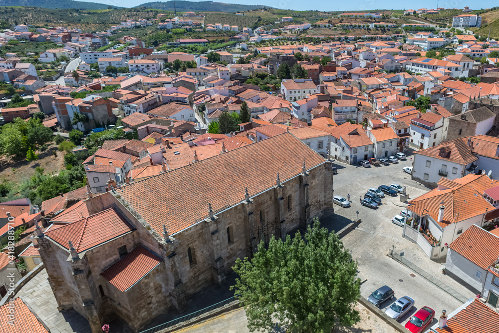 Aerial view at the Freixo Espada Cinta village, typical Douro International village with the romanesque church and village around view