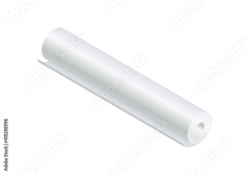 Isometric vector illustration blank paper roll mock up isolated on white background. Realistic paper roll or fabric roll icon in flat cartoon style. White textile or paper roll mockup template.
