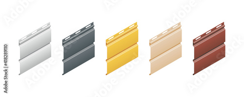 Isometric vector illustration different colors siding profiles isolated on white background. Set of realistic metal siding icons in flat cartoon style. Galvanized corrugated iron sheets.
