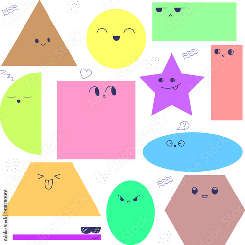 Set of geometric simple figures with eyes and face emotions. Different shapes in hand drawn trendy style. Vector illustration for children education. Cute funny characters.
