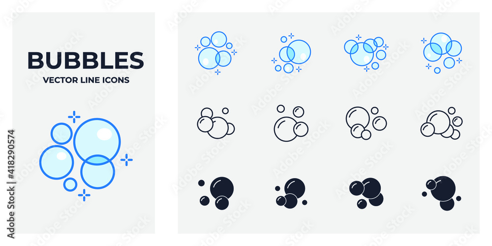 Set of Bubbles icon. Soap foam, fizzy drink, oxygen bubble pictogram pack symbol template for graphic and web design collection logo vector illustration Set of Bubbles icon. Soap foam, fizzy drink, oxygen bubble pictogram pack symbol template for graphic and web design collection logo vector illustration