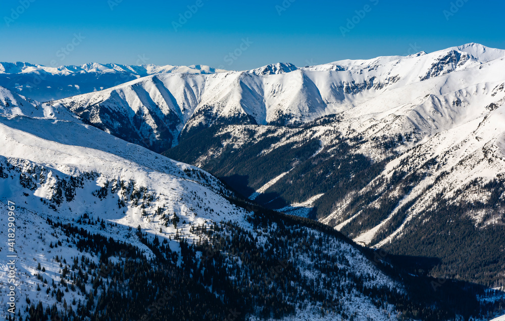 Winter panorama of the valley and the surrounding ridge.