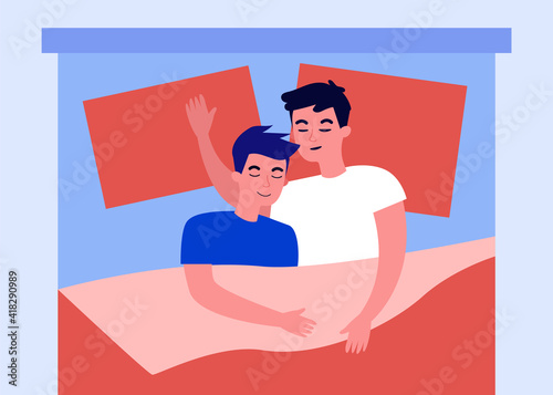 Male gay couple sleeping in bedroom. Guys hugging while resting in bed. Flat vector illustration. Homosexuality, same sex relationship concept for banner, website design or landing web page
