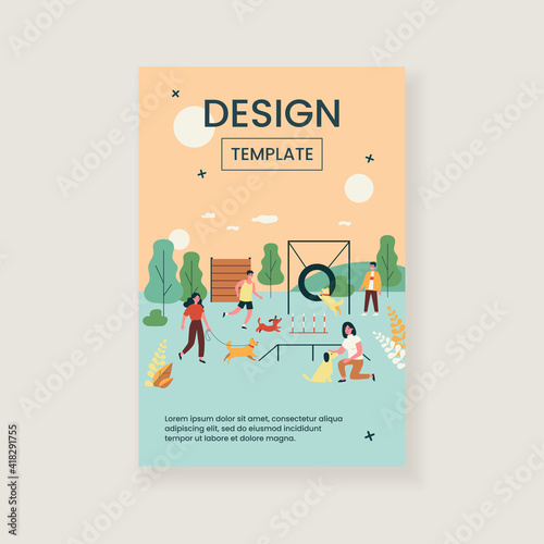 Happy people with dogs at city park flat vector illustration. Cartoon pets jumping, running, walking, playing, training at dog area. Animals and activity concept