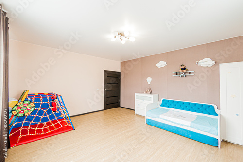 Russia  Moscow- April 24  2020  interior room apartment modern bright cozy atmosphere. general cleaning  home decoration  preparation of house for sale. bedroom with bed