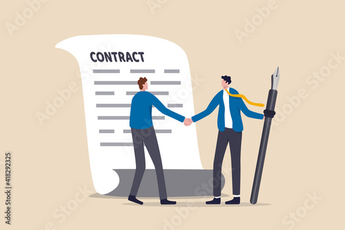 Signing contract, business deal or partnership, banking loan, investment contract or job offer agreement concept, success businessman handshake with client holding pen ready to sign agreement contract photo