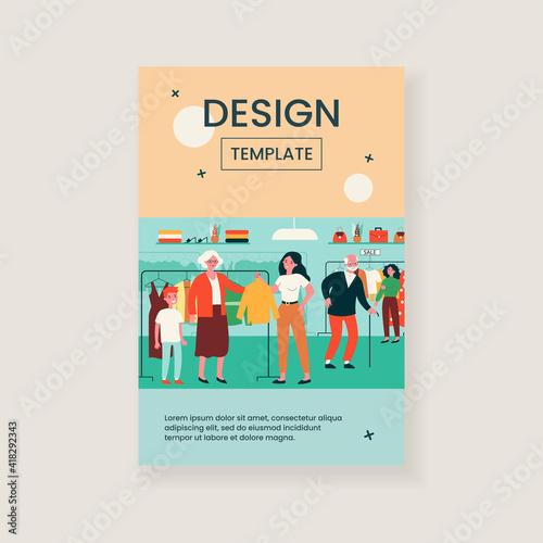 Senior people choosing clothes in fashion store. Old couple, customer, shop assistant flat vector illustration. Clothing, shopping, sale concept for banner, website design or landing web page