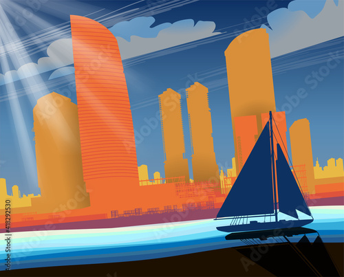 Sailing yacht at the city embankment on the background of a high-rise complex