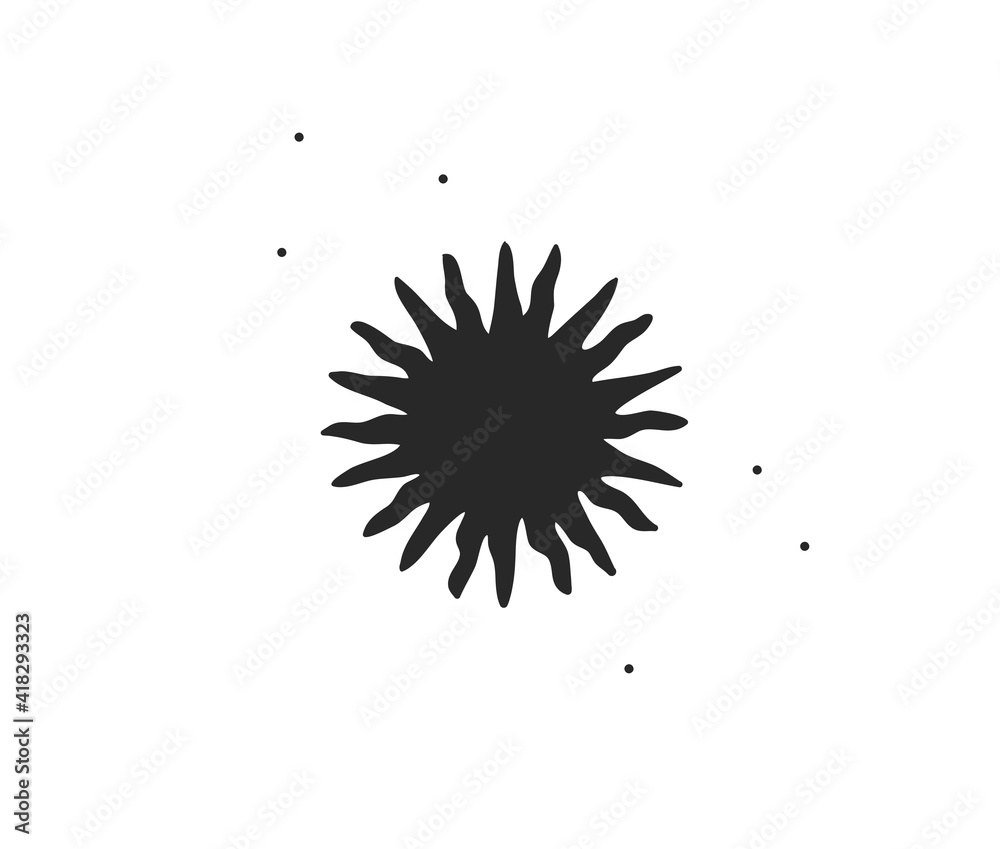 Hand drawn vector abstract stock flat graphic illustration with logo element of magic celestial sun silhouette art in simple style for branding,isolated on white background