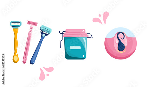 Shaving concept.Different razors and cream make female legs silky.Hygiene and beauty everyday procedure.Infographic illustration with problems after depilation.Inflamed follicle and ingrown hair.