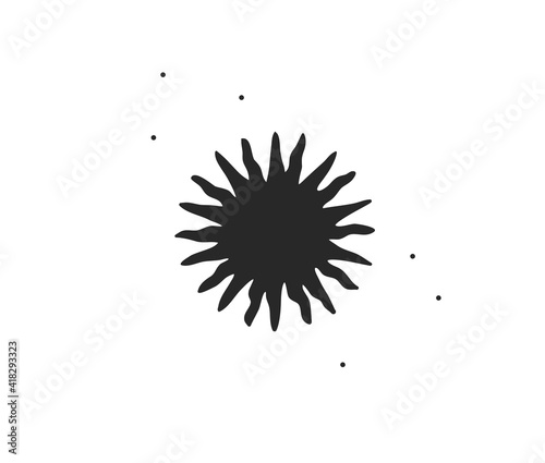 Hand drawn vector abstract stock flat graphic illustration with logo element of magic celestial sun silhouette art in simple style for branding,isolated on white background