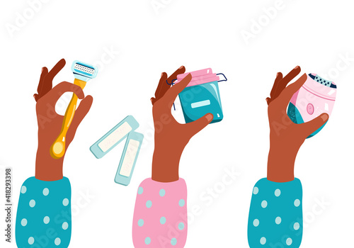 Hands are holding different devices for removing hair from body. Choice between waxing  and shaving. Electric depilatory. Vector illustration in cartoon style. Device and razor.Beauty procedure.