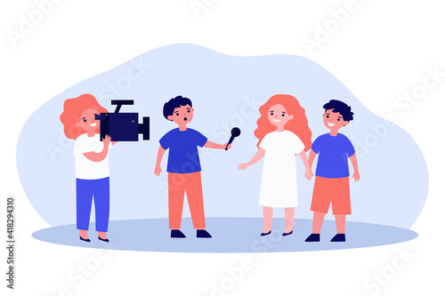 Kids acting news reportage shooting. Children with video camera, interview, microphone. Flat vector illustration. Childhood, role play concept for banner, website design or landing web page