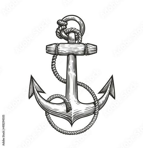 Ship anchor and rope in vintage engraving style. Sketch vector illustration