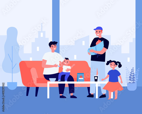 Happy dads meeting at kids cafe. Fathers holding baby, feeding toddler, talking, smiling. Flat vector illustration. Family, fatherhood concept for banner, website design or landing web page
