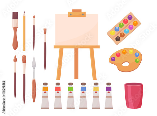 Drawing supplies set. Artists tools, brush, paint, palette, easel, paintbrush, canvas isolated on white. Vector illustrations for artistic school, painter studio, art studying concept