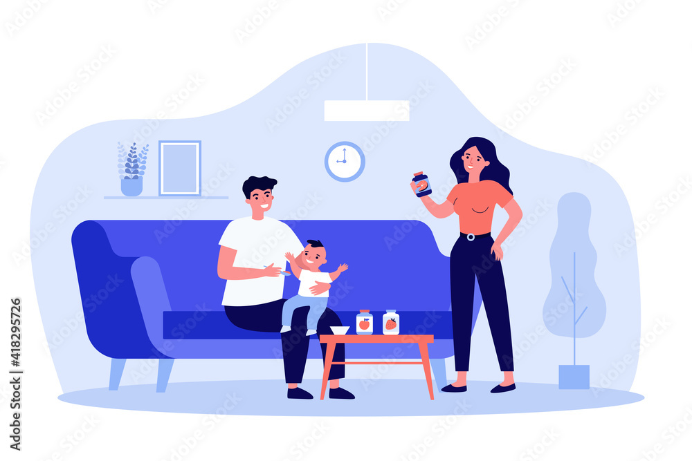 Mom and dad feeding kid at home. Baby food, formula, puree. Flat vector illustration. Family, child care, nutrition concept for banner, website design or landing web page