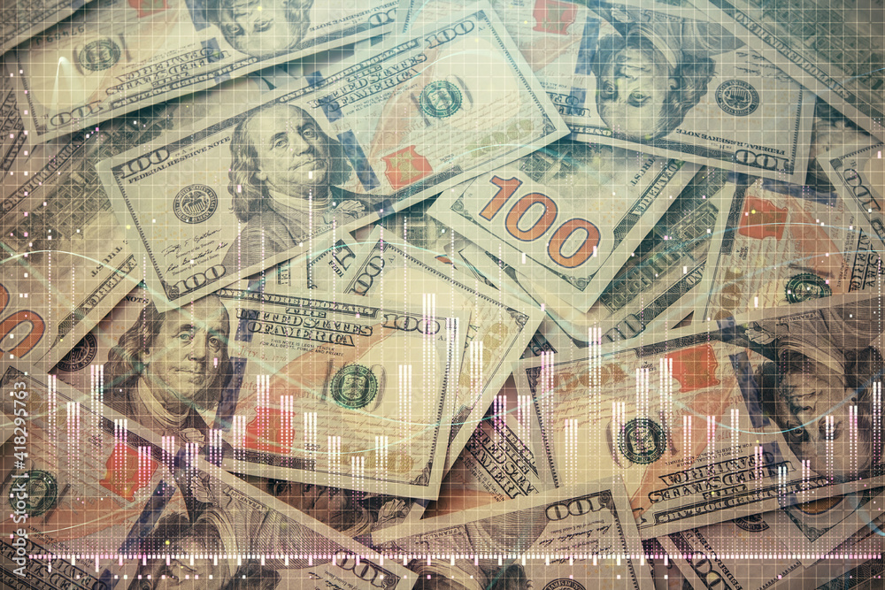 Multi exposure of forex chart drawing over us dollars bill background. Concept of financial success markets. Multi exposure of forex chart drawing over us dollars bill background. Concept of financial success markets.