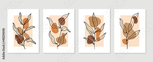 Botanical wall art vector set. Minimal and natural wall art. Boho foliage line art drawing with abstract shape. Abstract Plant Art design for print, wallpaper, cover. Modern vector illustration.