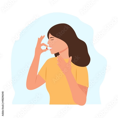 Woman takes a pill.Woman holds a pill in her hand and intends to take it. Chest pain, heartache.Medication treatment, pharmacy and medicine, concept. Vector illustration
