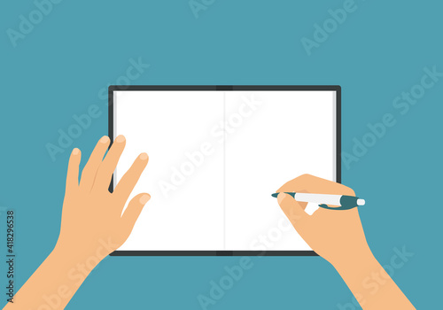 Flat design illustration of man or woman hands writing with pen in exercise book with blank white sheets, vector