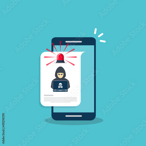 Hacker, malware notification on mobile phone. Smartphone with hacker alert, spam data on cellphone fraud error message, scam, virus.  	