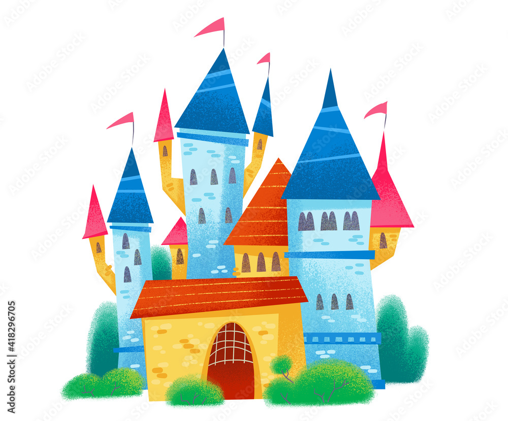 Fototapeta premium Cartoon fairytale castle. Funny bright style. Children's cute illustration. The image is isolated on a white background.
