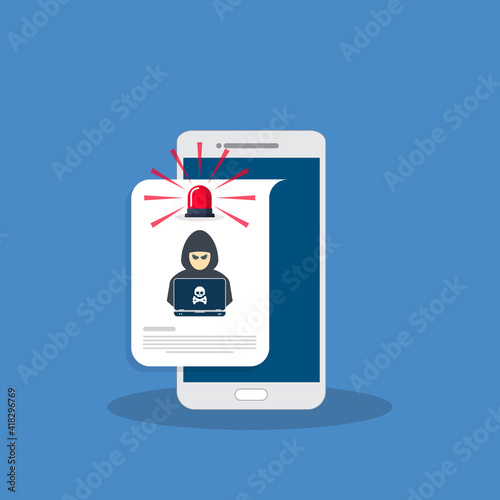 Hacker, malware notification on mobile phone. Smartphone with hacker alert, spam data on cellphone fraud error message, scam, virus.  	
