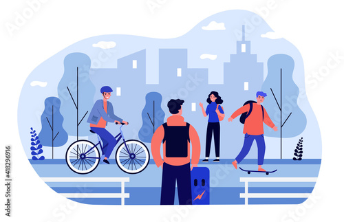 Teens riding bike and skateboarding on bicycle track. Girls and guys meeting in skate park. Flat vector illustration. Outdoor activity concept for banner, website design or landing web page