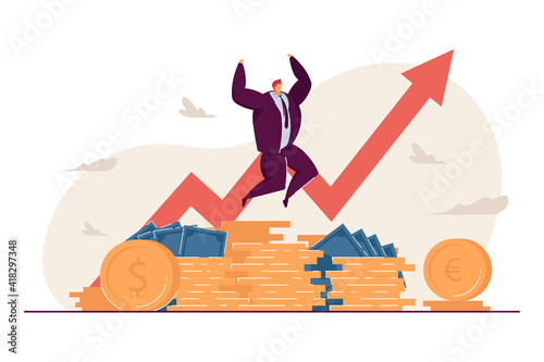 Millionaire happy about income growth. Broker celebrating stock shares climbed. Vector illustration for finance, rich banker, trading success concept