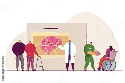 Doctors or scientists studying patients with Alzheimer brain disease. Vector illustration for neurology therapy, memory loss, treatment, medical rehabilitation concept