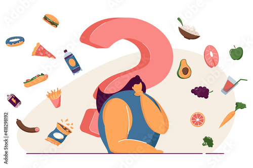 Organic vs junk food. Woman thinking over snack, choosing healthy or unhealthy food. Vector illustration for lifestyle, healthcare, good or bad choice, diet, nutrition concept