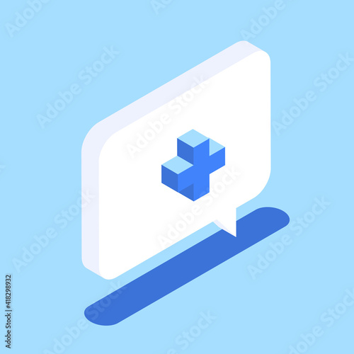 3d icon of chat box with medical cross. The concept of online medical consultation, correspondence with a doctor, online medical assistance. Vector illustration in isometric style. eps 10 template.  