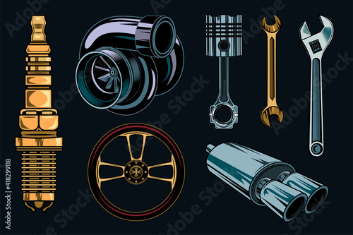 Vintage car repair elements set. Monochrome parts and tools, retro engine, wrenches concept. Vector illustrations collection for garage or motor mechanic service concept