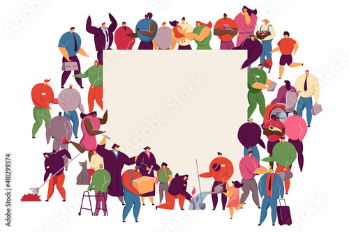 Diverse people of different ages, races, occupations standing together. Crowd holding and showing blank banner. Vector illustration for population, multicultural society, community, inclusion concept
