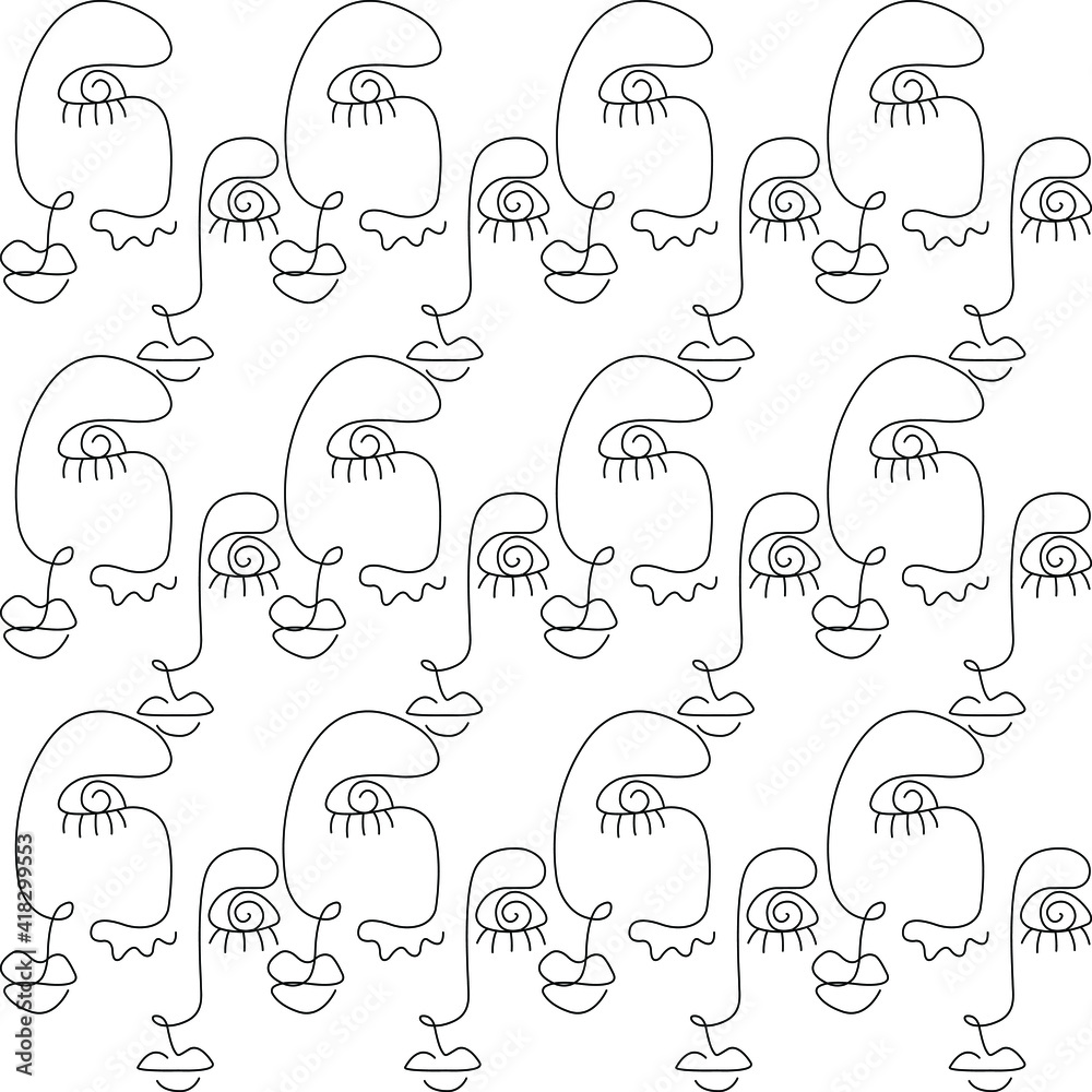 Pattern face line illustration. Abstract minimalistic faces art vector. Black and white. White background. One line drawing. Pattern face line illustration. Abstract minimalistic faces art vector. Black and white. White background. One line drawing.