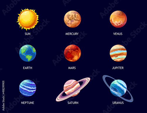 Colorful planets of solar system flat pictures set for web design. Cartoon Jupiter, Mars, Venus, Earth, Neptune, Mercury and sun isolated vector illustrations. Galaxy and astronomy concept