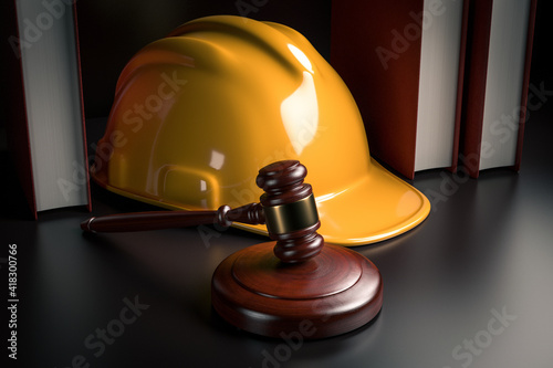 Labor law in construction industry business concept - yellow hardhat helmet, gavel, law books on table - supervision, surveillance, control, overside, intendance, inspection, check, verification, 