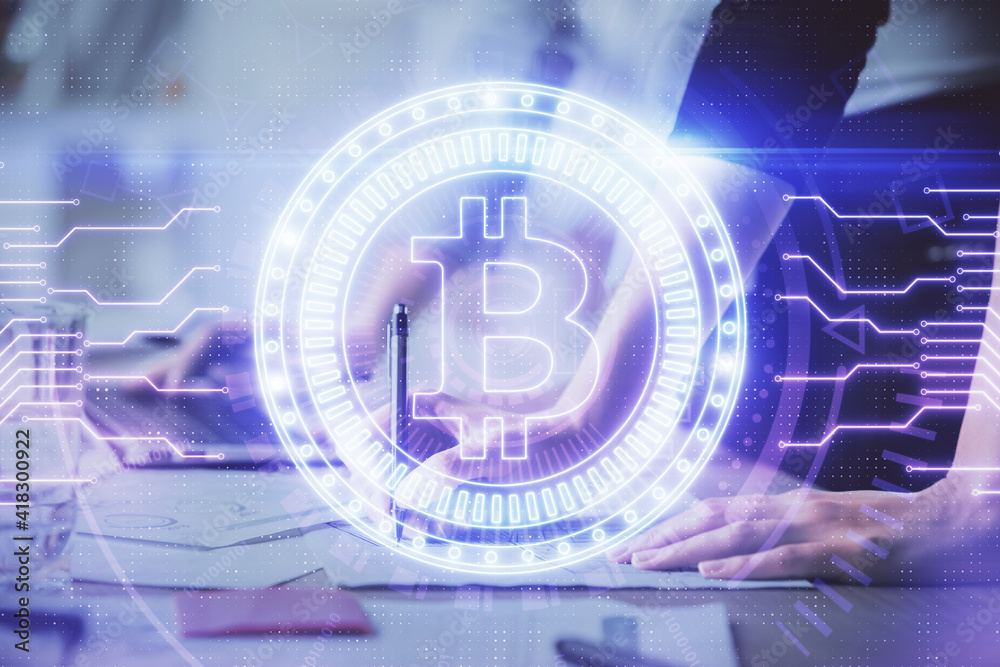 Double exposure of woman hands typing on computer and crypto market theme hologram drawing. Blockchain concept. Double exposure of woman hands typing on computer and crypto market theme hologram drawing. Blockchain concept.