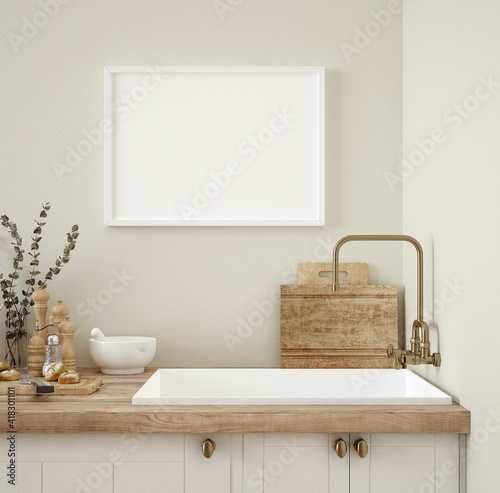 Frame mockup in kitchen interior background, Farmhouse style, 3d render © artjafara