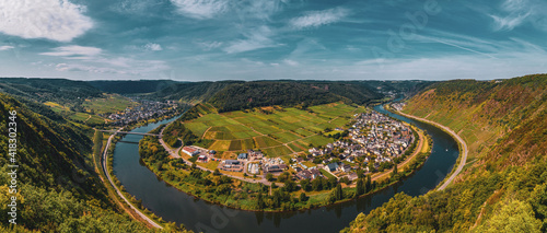 Moselle loop near Bruttig-Fankel and the wine village of Ernst. Panoramic view of the Moselle vineyards, Germany..Created from several images to create a panorama image.