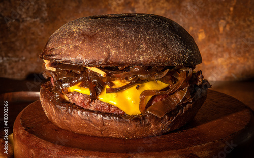 Special cheeseburger with Australian bread and caramelized onion