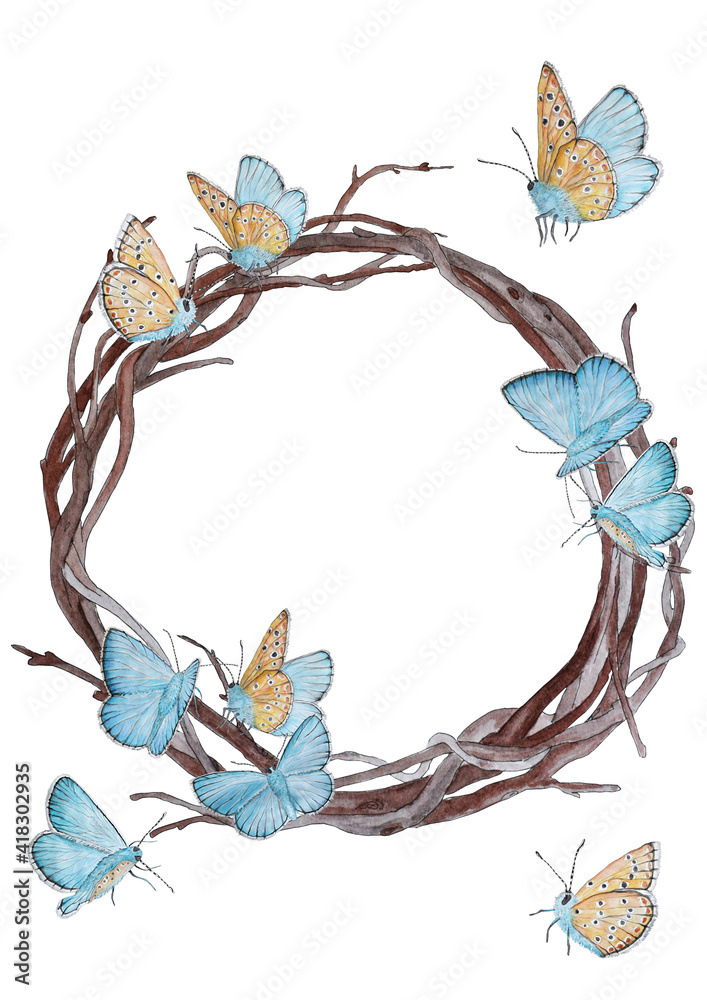 Watercolor postcard with butterflies and wreath.