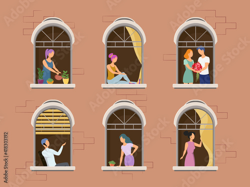 People in window frames. Neighbors evening live in apartments. Vector flat illustration