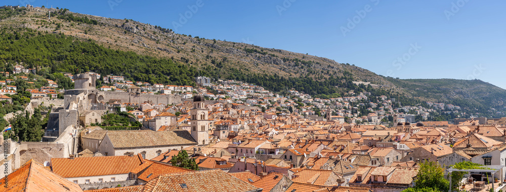 Panorama view of skyline of old town Dubrovnik red brick roof in Croatia summer
