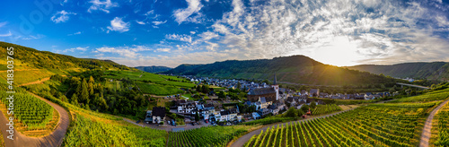 Panoramic view of the Moselle vineyards near Bruttig-Fankel  Germany. .Created from several images to create a panorama image.