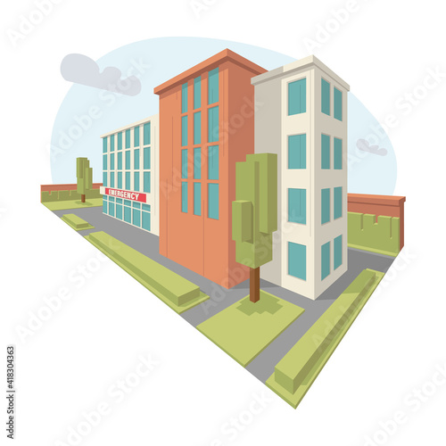 3d hospital and emergency building isolated on white background. Vector illustration.