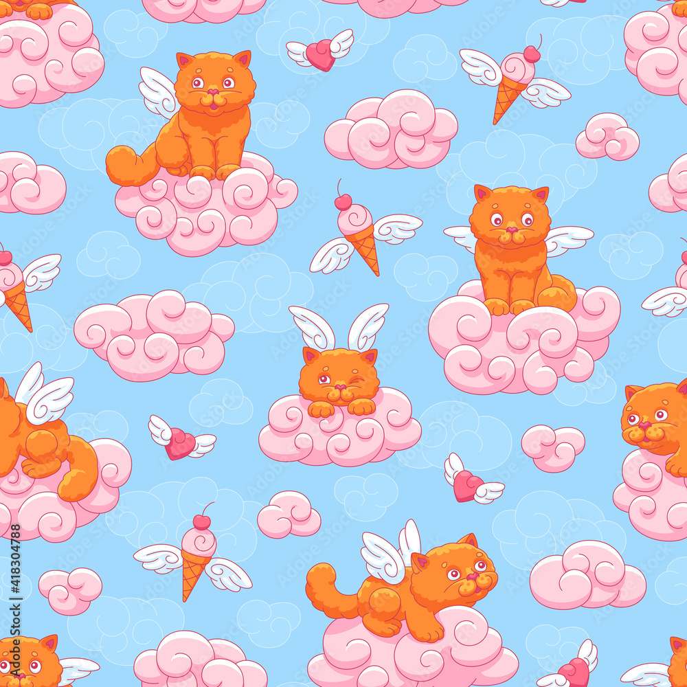 Seamless vector pattern with cute winged kittens, flying hearts and ice cream cones on a background of blue sky and pink clouds. Children's illustration.