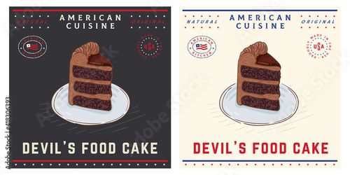 Devil' food cake or chocolate layer piece slice of cake