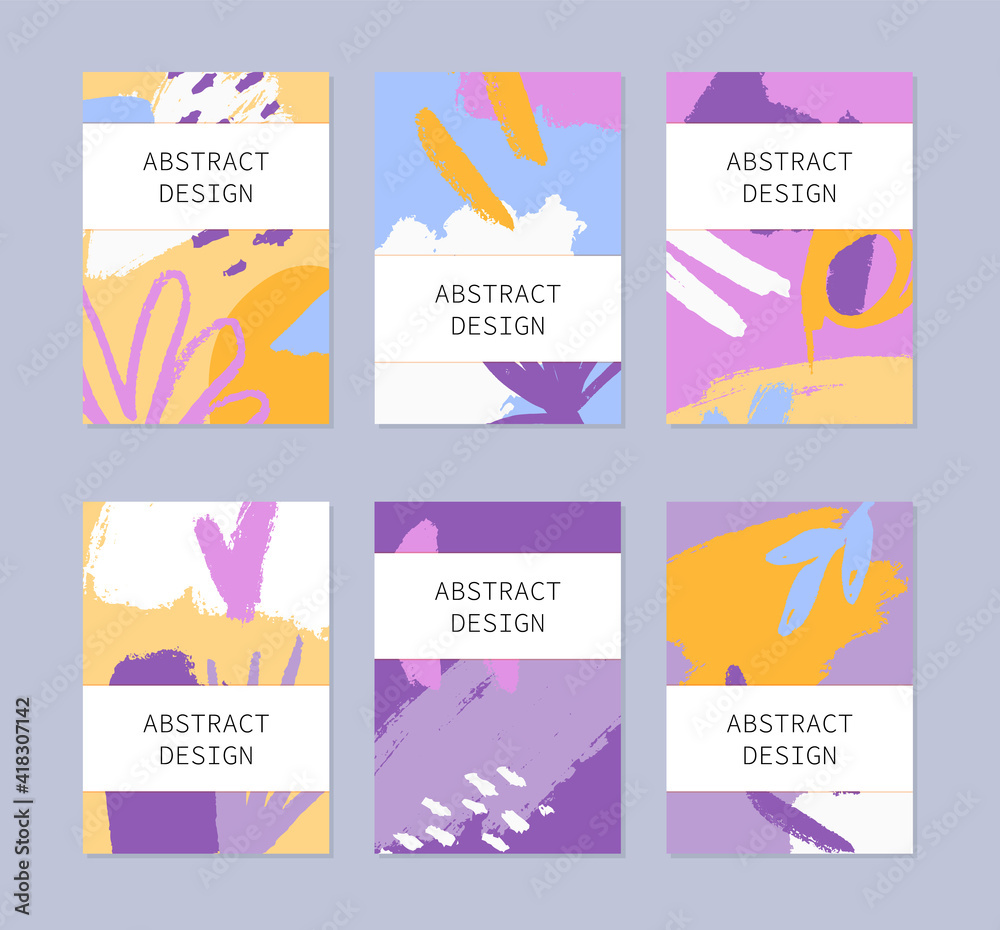 Set of abstract backgrounds. Hand drawn design for flyer print and web. Pastel and bright colors. Vector illustration.